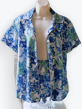 Tropical Blue & Green PJs Short Set Cotton Embroidered LRL Logo Pocket Preppy ~L